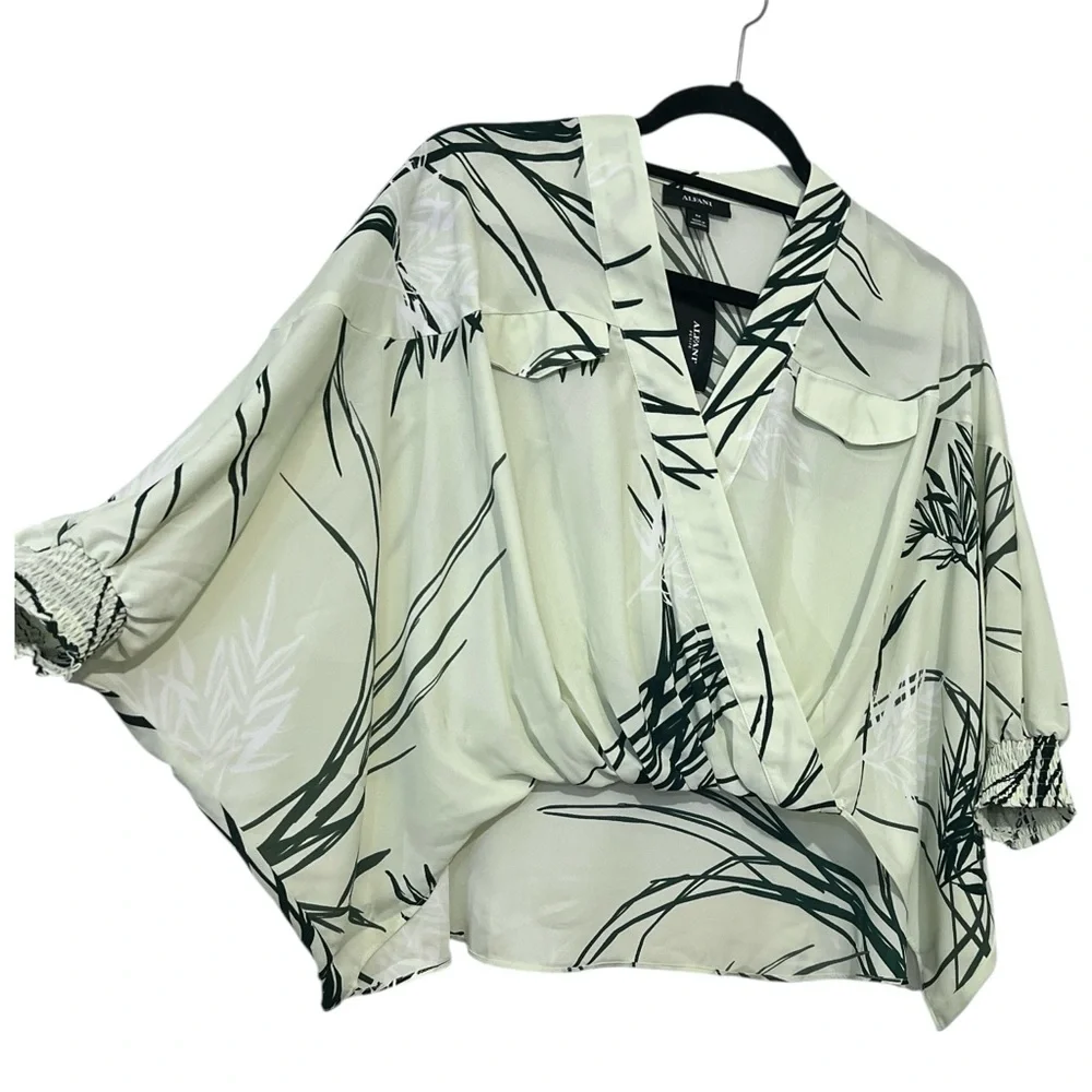 Alfani Swift Palm Printed Faux‎ Wrap Blouse, Surplice Neckline, Green, Sz PP/XXS